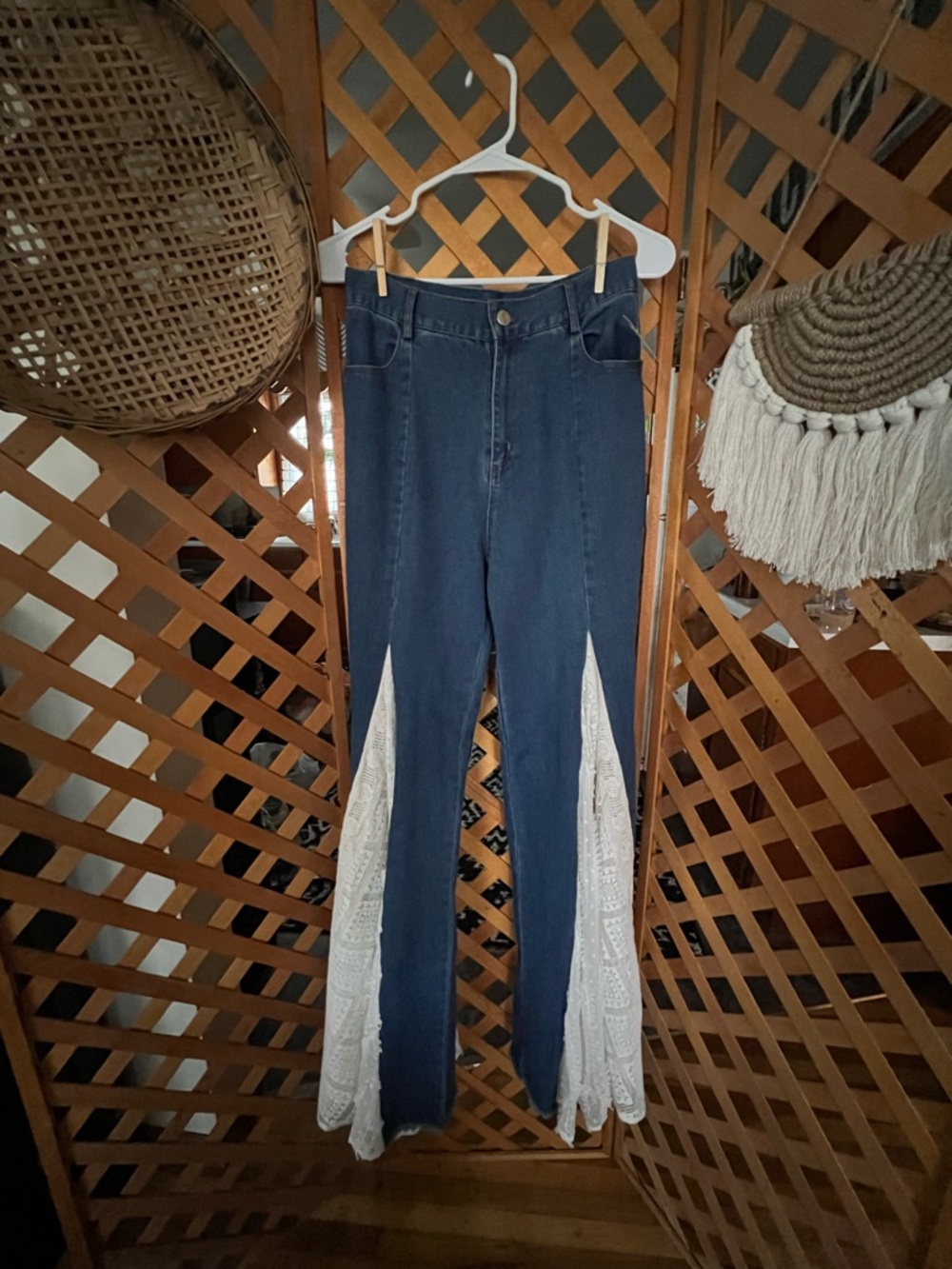 High-Rise Navy Flare Jeans with White Lace Insets